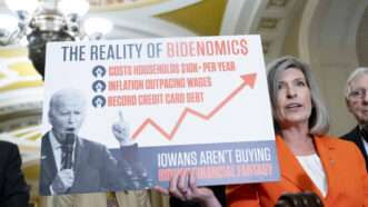 Joni Ernst, R-IA, holds a poster on "Bidenomics" | BONNIE CASH/UPI/Newscom